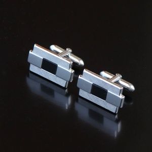 Vtg SWANK Onyx Cufflinks Brushed Silver Tone